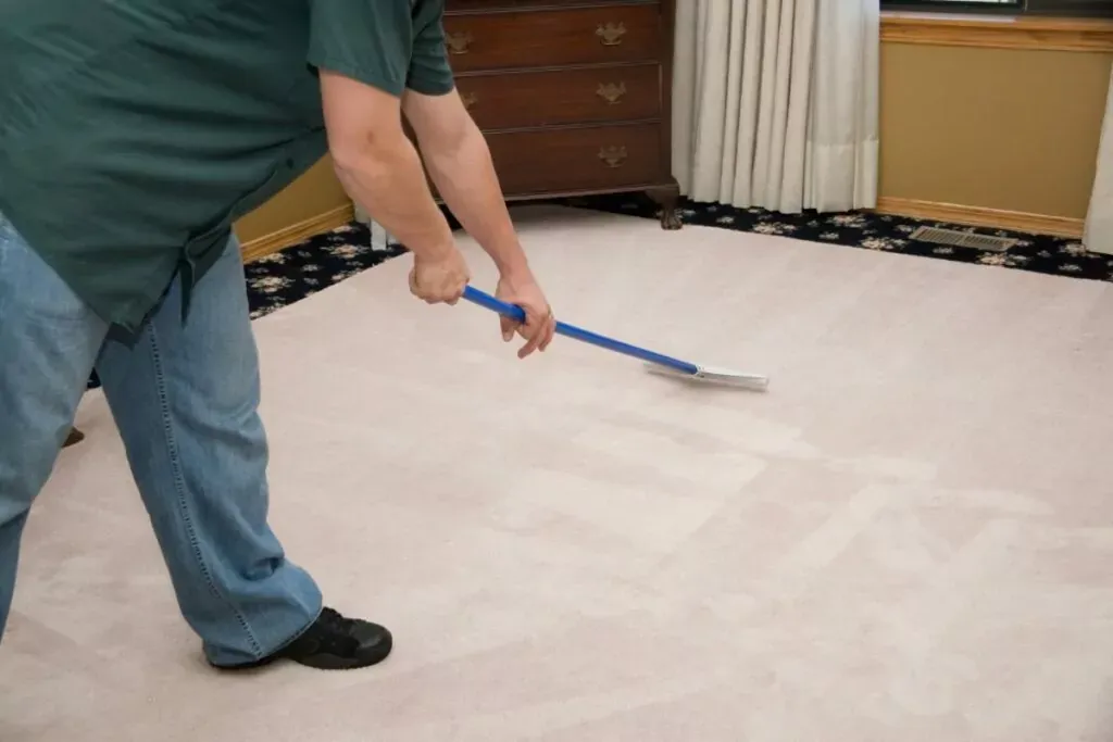 A person in a green shirt and jeans uses a blue squeegee to clean a light-colored carpet in a room with a brown dresser and curtains.